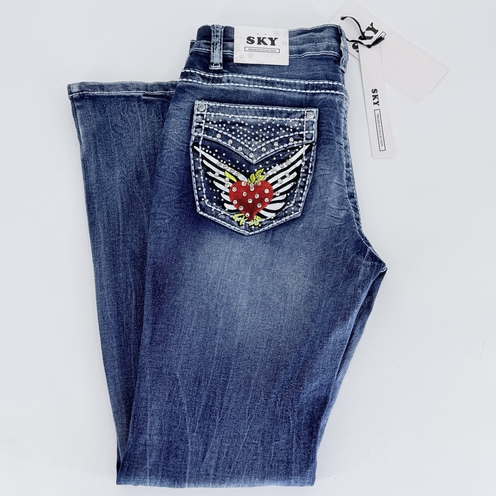 NWT SKY Premium Collection Heart Bling Super Soft Bootcut Jeans Size 11/30